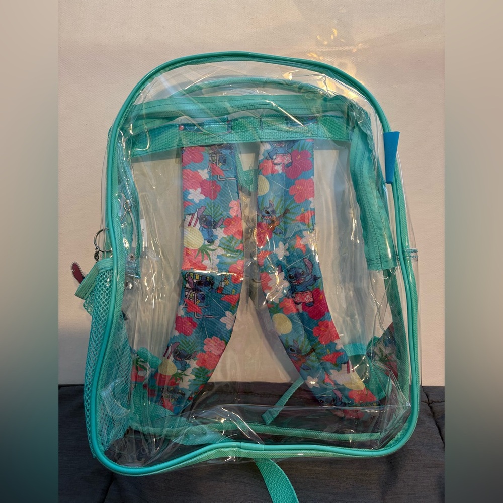 Disney Stitch Clear Backpack with keychain and Floral and Teal Accents